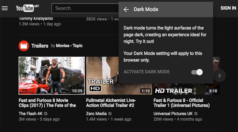 Aktifkan mod gelap di Youtube
