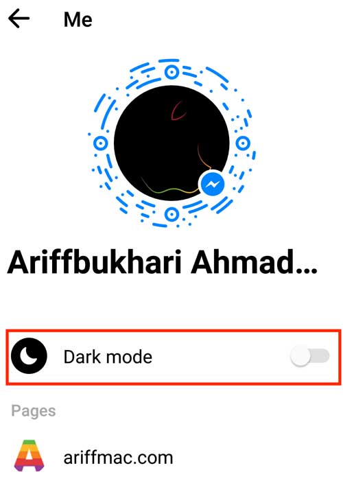 tetapan mod gelap FB Messenger